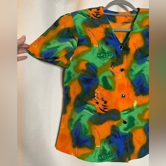 Vintage Orange Blue Green Button Blouse XL - Picture 3 of 6